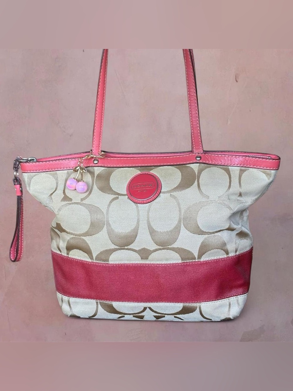 Vintage Y2K Coach Signature Canvas Tote with Pink Leather Trim